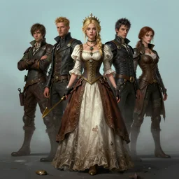 portrait of female steampunk princess by atey ghailan, by greg rutkowski, by simon stalenhag, by greg tocchini, by james gilleard, by joe fenton, by kaethe butcher dynamic lighting, gradient light blue, brown, blonde cream and white color scheme, grunge aesthetic