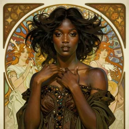 realistic detailed portrait of Taii Gordon by Alphonse Mucha, Ayami Kojima, Amano, Charlie Bowater, Karol Bak, Greg Hildebrandt, Jean Delville, and Mark Brooks, Art Nouveau, Neo-Gothic, gothic, Black model Taii Gordon, rich deep moody colors