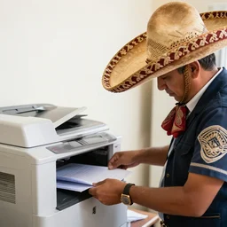 a mexican with a sombrero, making photocopies at a copier, high quality