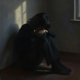 a silhouette of a depressed person sitting in the corner of a dark room, oil on canvas