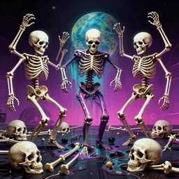 skulls dancing along with a bunch of bones, world melting, 8 0 s science fiction, insanity