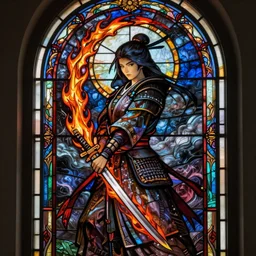 a stained glass window of a female samurai, flaming katana, ominous nighttime storm, fantasy, d & d, intricate, elegant, highly detailed, digital painting, artstation, concept art, matte, sharp focus, illustration, art by john collier and albert aublet and krenz cushart and artem demura and alphonse mucha