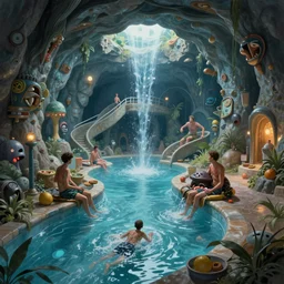 waterpark in an underground mole kingdom with tunnels and lazy rivers painting by brain froud, charles vess, cinematic lighting, epic composition, highly detailed