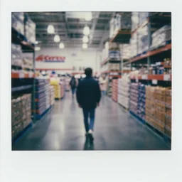 first person view. walking through a costco in 1 9 9 7. blurry polaroid. simple composition. wes anderson