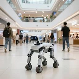 camera footage of a Big Dog Robot hunting people in an abandoned shopping mall, high exposure, dark, monochrome, camera, grainy, CCTV, security camera footage, timestamp, zoomed in, fish-eye lense, Robot, Drone, Intense, Titan,
