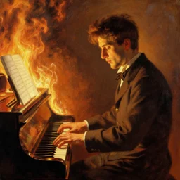attractive male playing piano in fire, painting by gaston bussiere, craig mullins, j. c. leyendecker