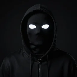 Photo of a person wearing black hoodie with a hood on and completly black mask with just glowing white eyes, on a black background