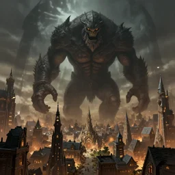 A giant titan plundering a large fantasy city 4k, digital art, D&D, behemoth, shadow of the colossus