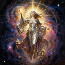 sorceress wearing flowing metallic robes conjuring the universe, full body, galaxies, nebulas, ultra dramatic lighting, bright radial arcs of light, radiant stars, intricate, hyper detailed, masterpiece, beautiful painting by ruan jia, artgerm, alphonse mucha, frank frazetta