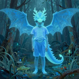 in the swamp, dayglo blue by george inness experimental. a art installation of a young boy disguised as a dragon. the boy is shown wearing a costume with dragon - like features, including a long tail, wings, & horns. he has a large grin on his face, suggesting that he is enjoying his disguise.