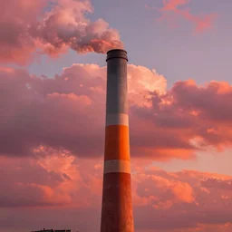 “ a norman rockwell painting of a towering smokestack in a world draped in pink and red and orange fluffy clouds. the smokestack is photorealistic and colored in a gradient from grey to orange, as if lit by a setting sun. viewed from a low angle ”
