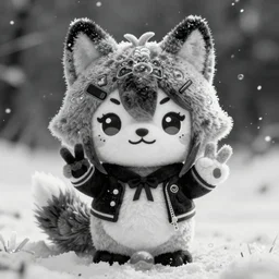 cute fumo plush of a popstar wolf girl, anime girl, idol, tomboy, artstation, bubblegum pop, black and white, snowing, canine, v sign, vray