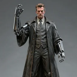 statue of judge dredd holding a mechanical arm of fallen foe