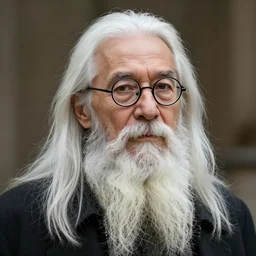 man in his 5 0 s with long white hair, a long white chin beard and round glasses