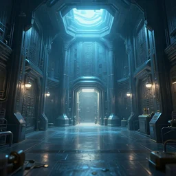 underwater ultra technologic prison, artstation, volumetric light, high detail, reflections, perfect, concept art, hdr, 4 k
