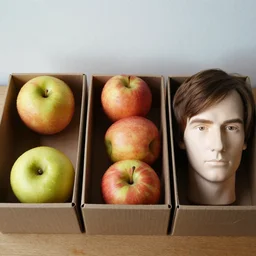 three boxes, left have two apples, middle three apples, right have decapitated head of alan turing