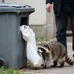 slavoj zizek stealing trash from a racoon near a trash container