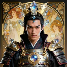 portrait of a handsome cyberpunk samurai man wearing a warrior armor, handsome symmetrical face, fantasy, regal, fractal crystal, fractal gems, by stanley artgerm lau, greg rutkowski, thomas kindkade, alphonse mucha, loish, norman rockwell.