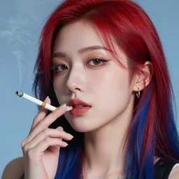 woman with red and blue hair smoking a cigarette in cyberpunk, high detail, curious eyes, blended shading, in the style of alphonse mucha and andree wallin and artgerm, artstation, half body portrait