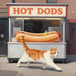 classical painting of an orange and white tabby cat running a hot dog stand in new york,