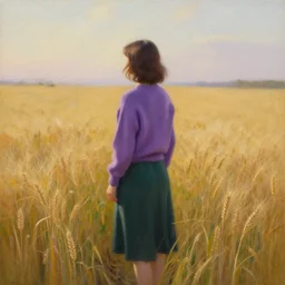 a girl standing in a wheat field wearing purple sweater and dark green skirt that has her back turned, golden hour, painting