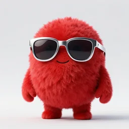 3 d render of completely red hairy friendly antropomorphic creature wearing chrome shades, without nose, small smile, full body, standing on 2 feet, in the style of pixar, white background, unreal engine 5, octane render, highly detailed hdr