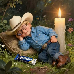 funny photo of milkybar kid blonde man with cowboy hat and glasses asleep in the garden, with a large candle protruding from his rear
