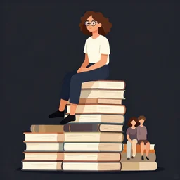 a woman with curly brown hair and narrow glasses sits on top of a tall pile of books. clean cel shaded vector art. shutterstock. behance hd by lois van baarle, artgerm, helen huang, by makoto shinkai and ilya kuvshinov, rossdraws, illustration, art by ilya kuvshinov