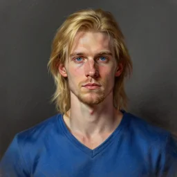 digital pastel portrait of a skinny white male, slightly longer blond hair and a light stubble beard, wearing a blue vneck shirt, blue eyes, little rugged, dnd, fantasy, wizard, trending artstation, dungeons & dragons, neutral expression, award winning darker lighting, realistic