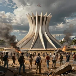 brasilia delenda est, riots in brasilia, brasilia destroyed, concept art, digital painting, trending on artstation, deviantart, epic composition, extremely detailed, ambient lighting, masterpiece, sharp focus, octane render
