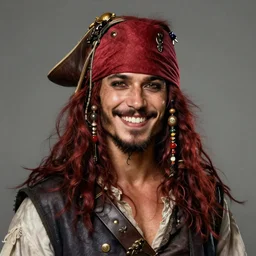 portrait of a young ruggedly handsome but joyful pirate, male, masculine, upper body, red crimson hair, long flowing hair, fantasy, wide smirk, intricate, elegant, highly detailed, digital painting, artstation, concept art, matte, sharp focus, illustration, art by artgerm and greg rutkowski and alphonse mucha