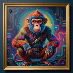 golden bordered mural of a psychedelic monkey war hero from the future, hyper realistic, cyberpunk, nightcore, 4 k, highly detailed, beautifully rendered