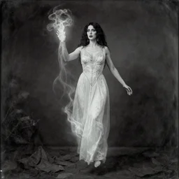 dramatic full body portrait daguerreotype photo of a beautiful female spirit medium levitating and emitting paranormal ectoplasm, detailed and creepy, by annie leibovitz, by diane arbus for spicy mystery stories pulp magazine