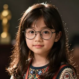 portrait, award - winning, beautiful, cute, adorable, round faced, dark brown colored long hair, wearing round glasses and trendy clothing, asian girl, bokeh, backlight, dimly lit, intricate, highly detailed face, 8 k