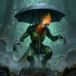 an umbrella cockatoo summoning Cthulhu, horror.