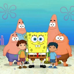 nickelodeon cartoon characters posing for family photo, spongebob in the middle, digital art