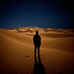 a photo of a silhouette of a person in a color lit desert at night
