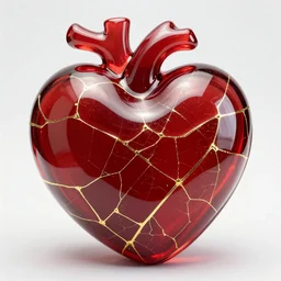 a very beautiful human heart shaped glass organic sculpture made of cracked crimson glass with shiny gold kintsugi. fill light, studio lighting, high resolution, high quality, very detailed