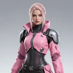 a beautiful nord woman cyberpunk wearing detailed pink techwear jacket, by raymond swanland and jia ruan, featured on artstation