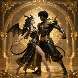 dance of a couple, black man and a female devil, Dark Souls 3 themed, in style of Ruan Jia, insanely detailed and intricate, golden ratio, elegant, ornate, luxury, elite, matte painting, cinematic, cgsociety, James jean, Brian froud, ross tran, Laputa