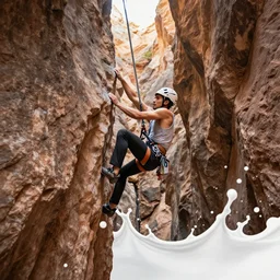 epic rock climbing close up deep canyon splash art graphic design color splash high contrasting art, fantasy, highly detailed, rule of thirds art by greg rutkowski