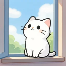 “Cute cartoon kitty sitting in a window looking up at the sky, cute, looking up, marker”