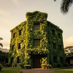 a building made of green leafs in south america, golden hour, central composition, cinestill 8 0 0 t