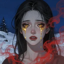 gorgeous woman crying tears of gold made of red smoke and ash, art by beksinski, deep eyes, dark blue atmosphere, snow landscape background, concept art, artstation, art by anato finnstark, art by toshihiro egawa