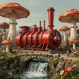 detailed and rendered ( ( ( ( ( 1 9 5 0 s retro future steam turbine and mill in forrest of giant mushrooms, moss and flowers stone bridge waterfall. muted colors. ) ) ) ) ) by jean baptiste monge!!!!!!!!!!!!!!!!!!!!!!!!! chrome red