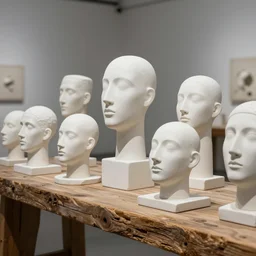 an assortment of white clay sculpted abstract and deformed heads on a rustic wooden beam, white matte porcelain, sculptures, museum display