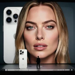 a photo of margot robbie modeling the new iphone, hyper realistic face, beautiful eyes, cinematic, long shot, hyper detailed, 8 5 mm photograph, 8 k resolution, film still, sharp lens, wide lens