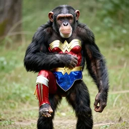 a Chimpanzee holding dressed as Wonder Woman, her legs are completely covered in fur, photographed in the style of Annie Leibovitz, photorealistic
