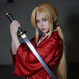 dslr, erza scarlet as a real person, holding a katana sword, extremely beautiful, wearing a red satin dress, greatly detailed, high quality, moody lighting, real photo, real camera, 8 k