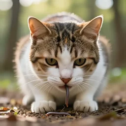 closeup of a cat in a forest about to eat a worm, backlit, macro shot, golden hour, low angle
